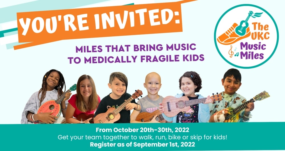 The UKC Music Miles banner reads "You're invited: Miles that bring music to medically fragile children". The banner includes a graphic of 6 children holding their ukuleles.