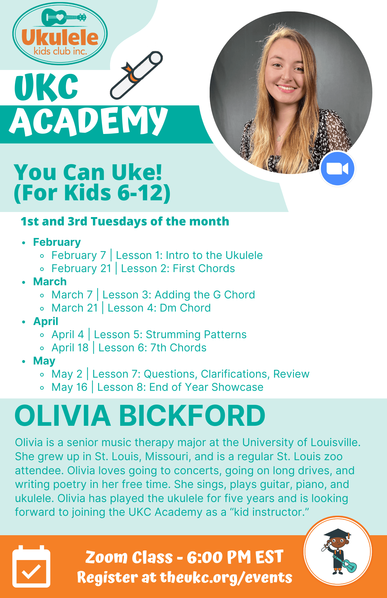 The event flyer includes a photo of Olivia Bickford, event dates, and a brief bio