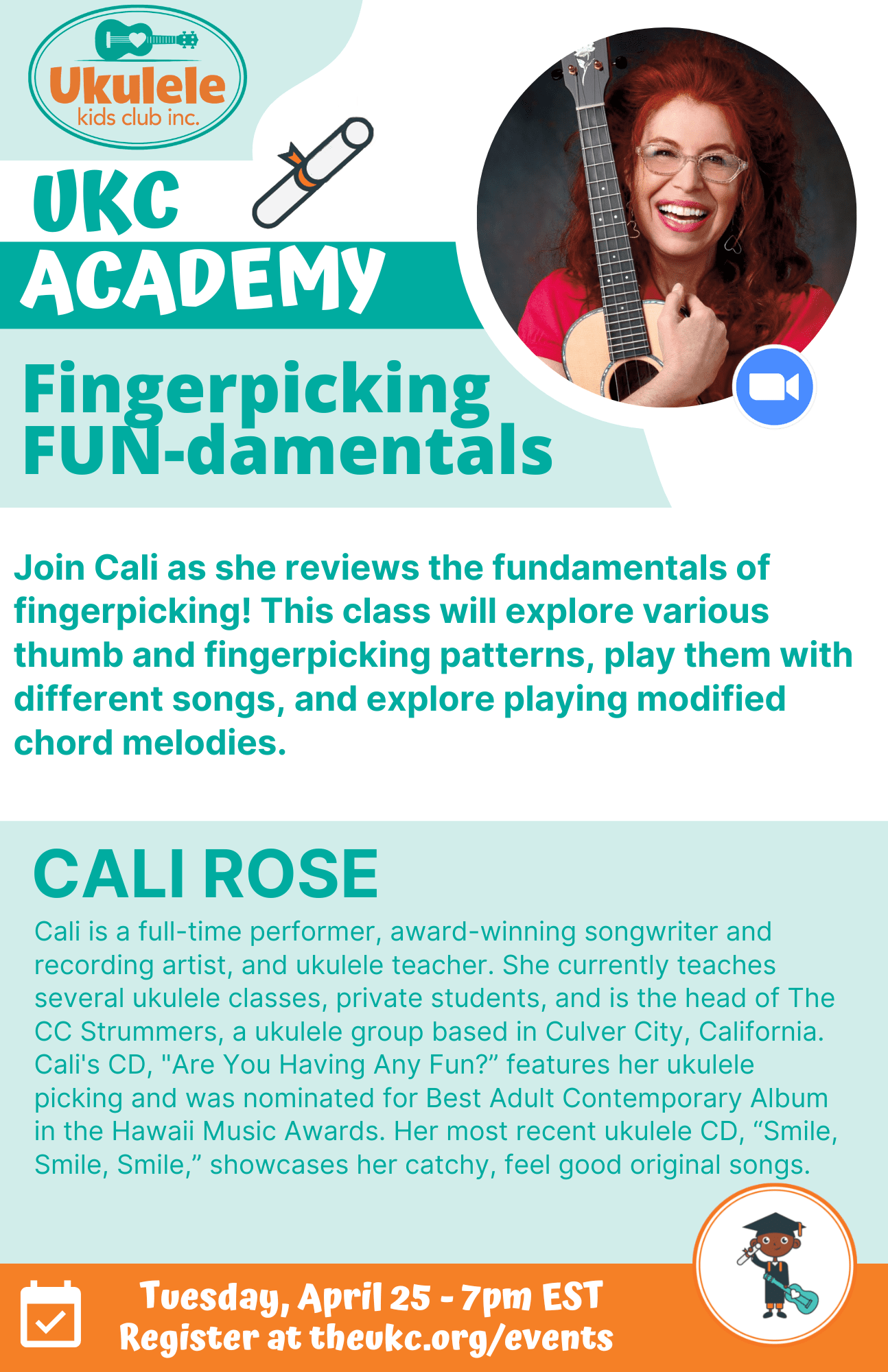 UKC Academy Fingerpicking FUN-damentals event flyer features a photo of Cali Rose and event details