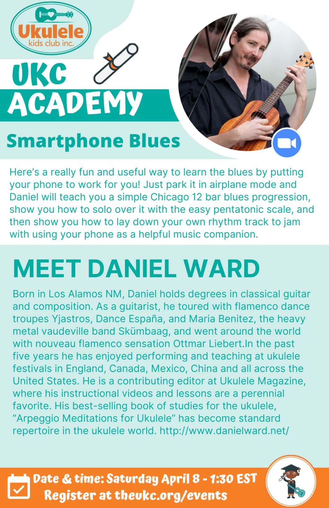 The event flyer features a photo of Daniel Ward holding his ukulele along with basic event details