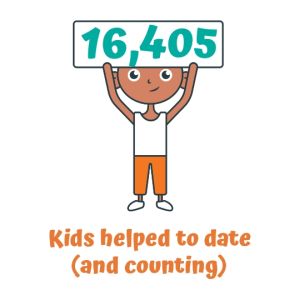 Clip art graphic of a child holding a sign that reads: "16,405 kids helped to date (and counting)"