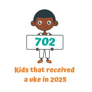 Clip art graphic of a child holding a sign that reads: "702 Kids received a uke in 2025"