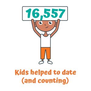 Clip art graphic of a child holding a sign that reads: "16,557 kids helped to date (and counting)"