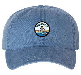 Photo of navy blue baseball hat with the NEUF logo