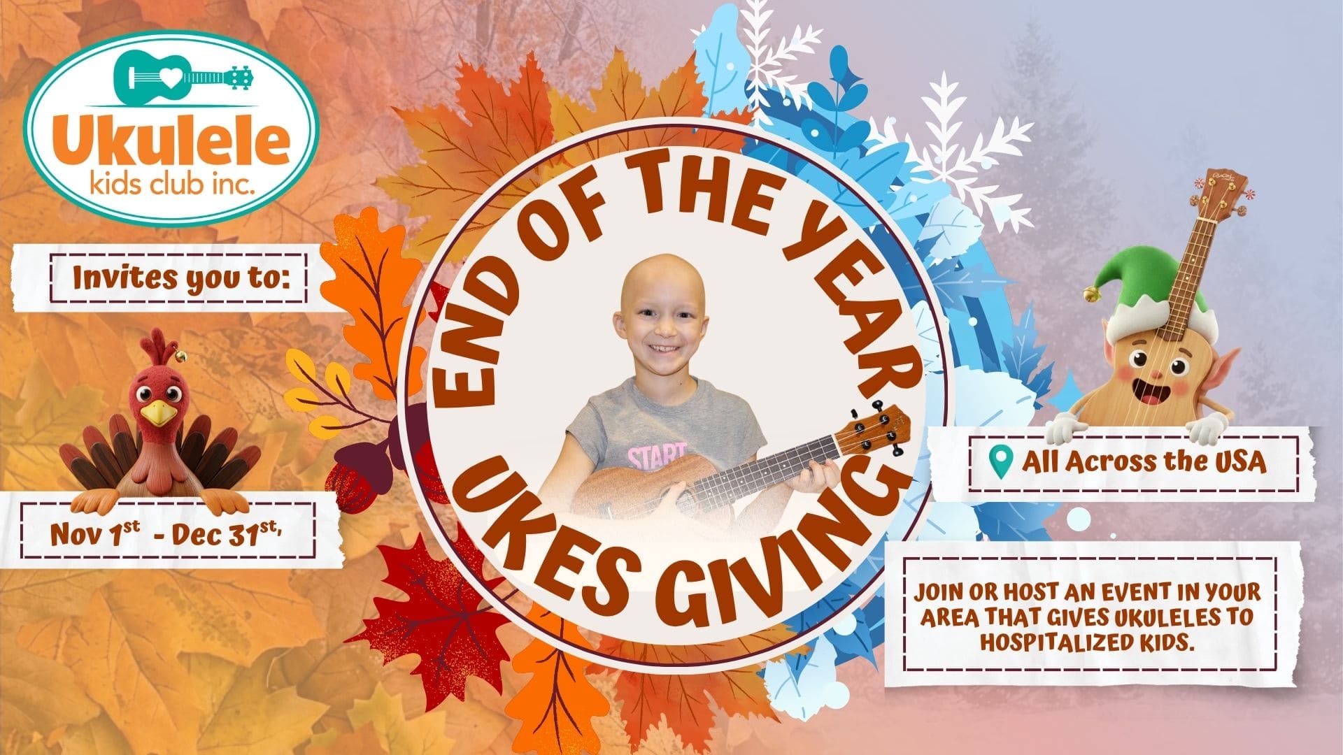 UkesGiving logo featuring a ukulele encircled by text that reads End of the Year Ukes Giving