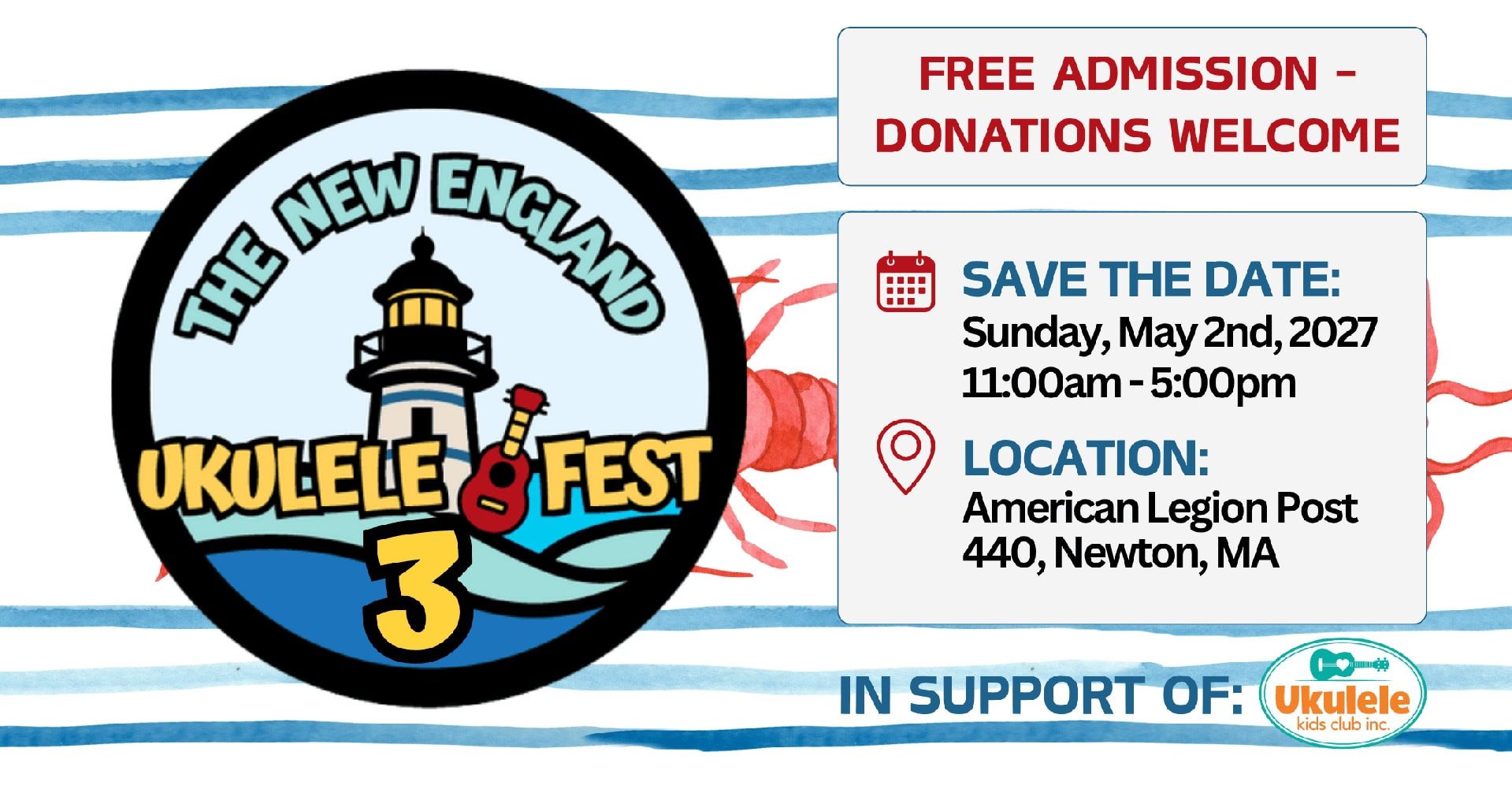 The event banner features a circular event logo with the words "New England Ukulele Festival 3" with a lighthouse grapic in the background