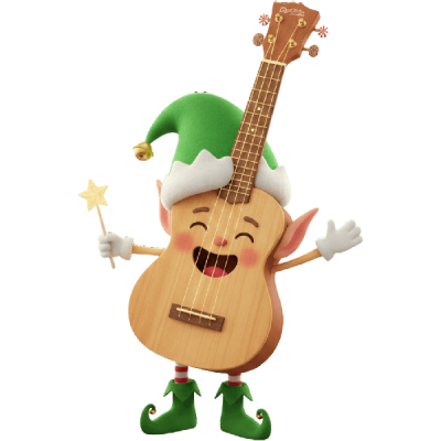 The Ukelf is a smiling ukulele wearing an elf hat